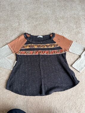 Boho Patchwork Long Sleeve Tee - Black & Rust